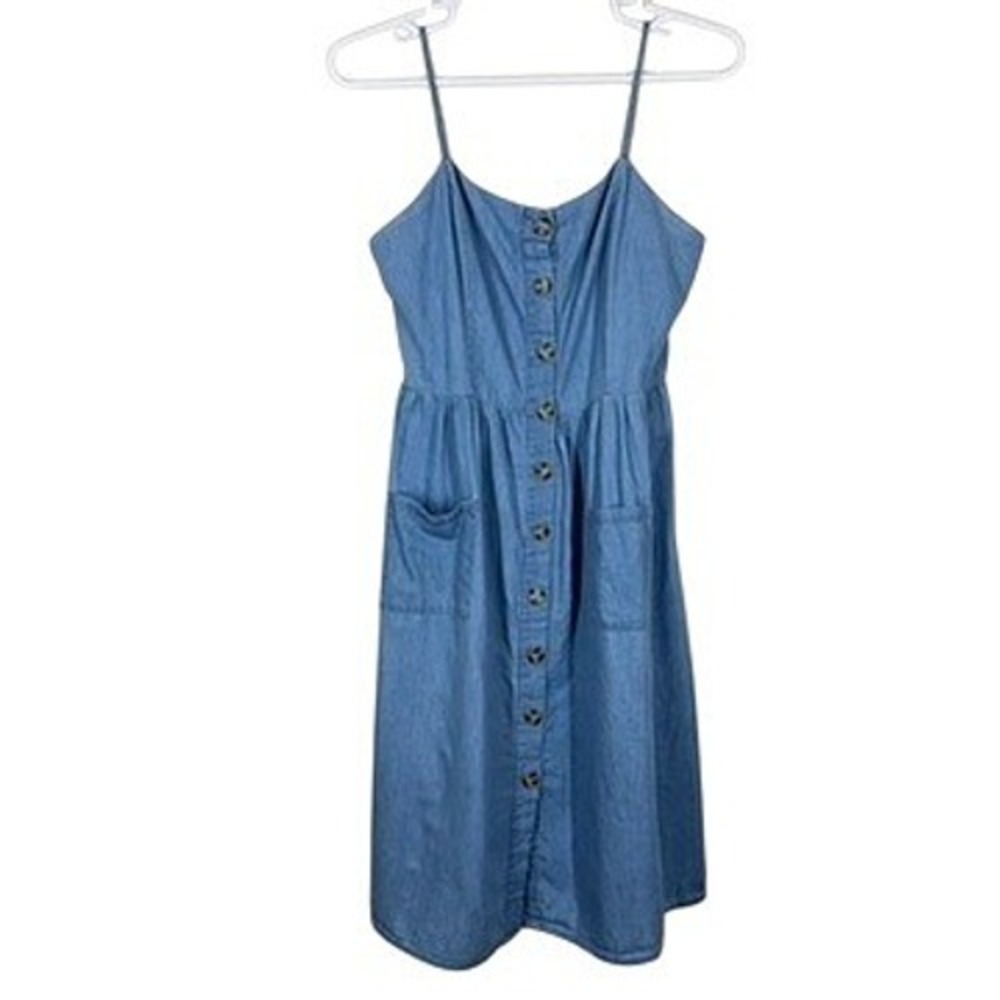 J. For Justify Womens Denim Button Front Midi Sundress Blue Cotton Pockets Boho